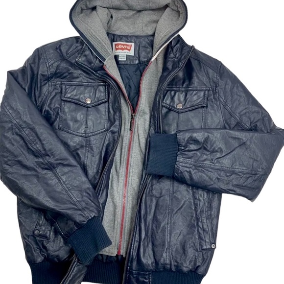 Vtg Levi's Mens Sz M Dark Blue Vegan Leather Moto Biker Jacket Zip-Up W/… - Picture 2 of 9